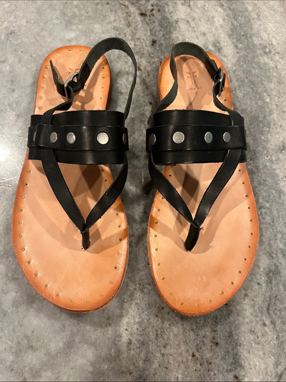 Frye Black Leather Studded Thong Sandals
